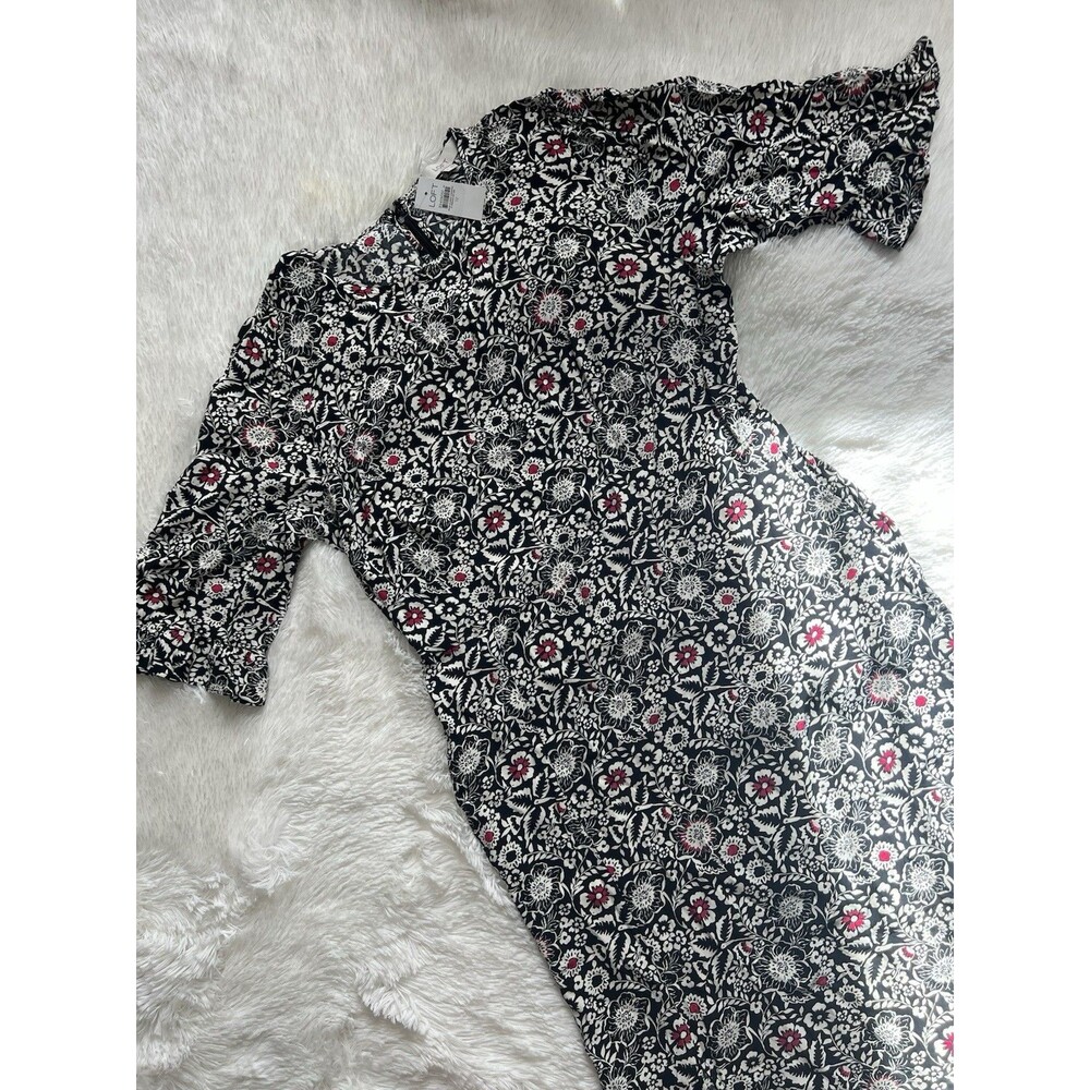 LOFT Floral Midi Dress NWT Size 12 Black White Pink Ruffle Sleeve Viscose Casual